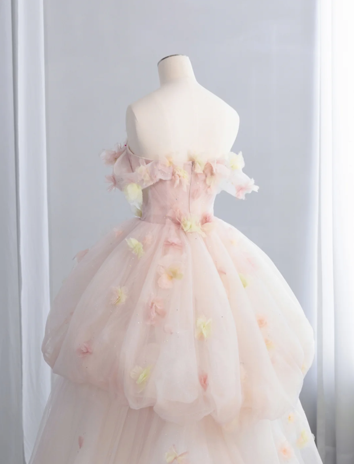 Sweet Off The Shoulder Ball Gown Light Pink  Tulle Beaded Appliques Birthday Quinceanera Dress SP1518