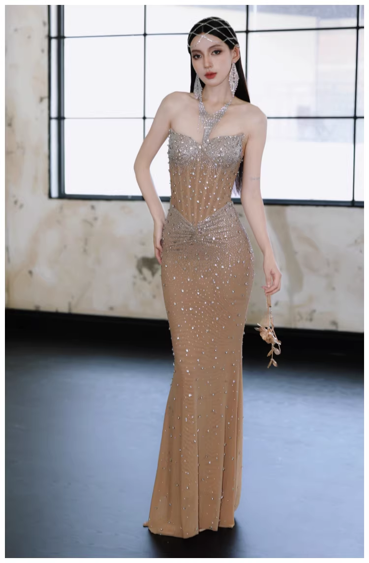 Sexy Strapless Chiffon Beaded Mermaid Long Evening Dress Party Gown
