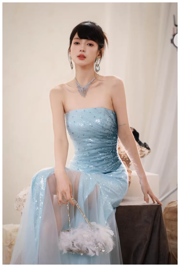Charming Strapless Blue Tulle Sequin Beaded Mermaid Long Evening Dress Birthday Party Gown