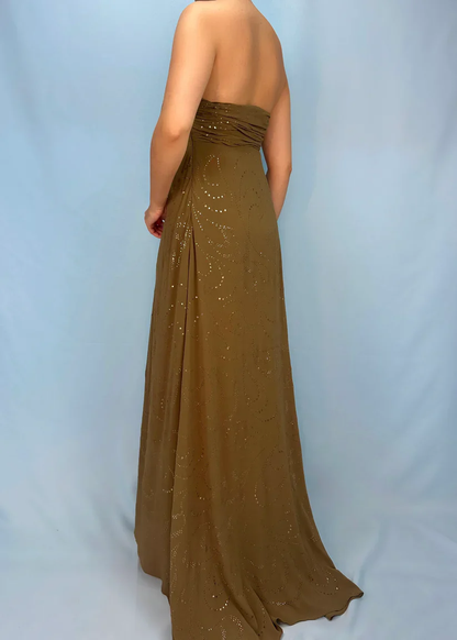 Vintage Matcha Green Strapless Satin Sequin Mermaid Evening Dress Long Birthday Party Gown