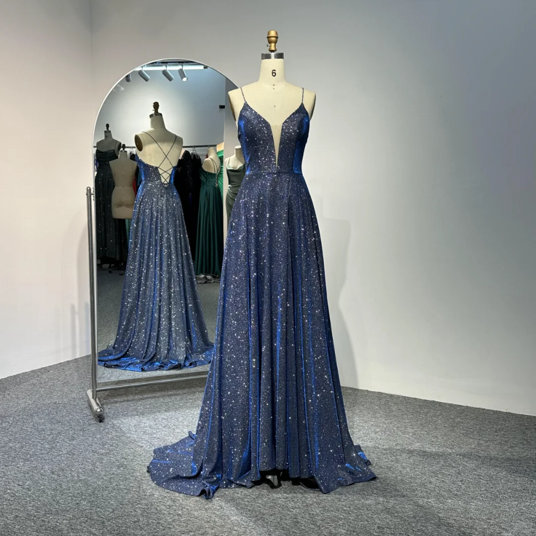Shiny Spaghetti Straps Blue Satin Sequin Long Evening Dress Party Gown Formal Wedding Guest Dress