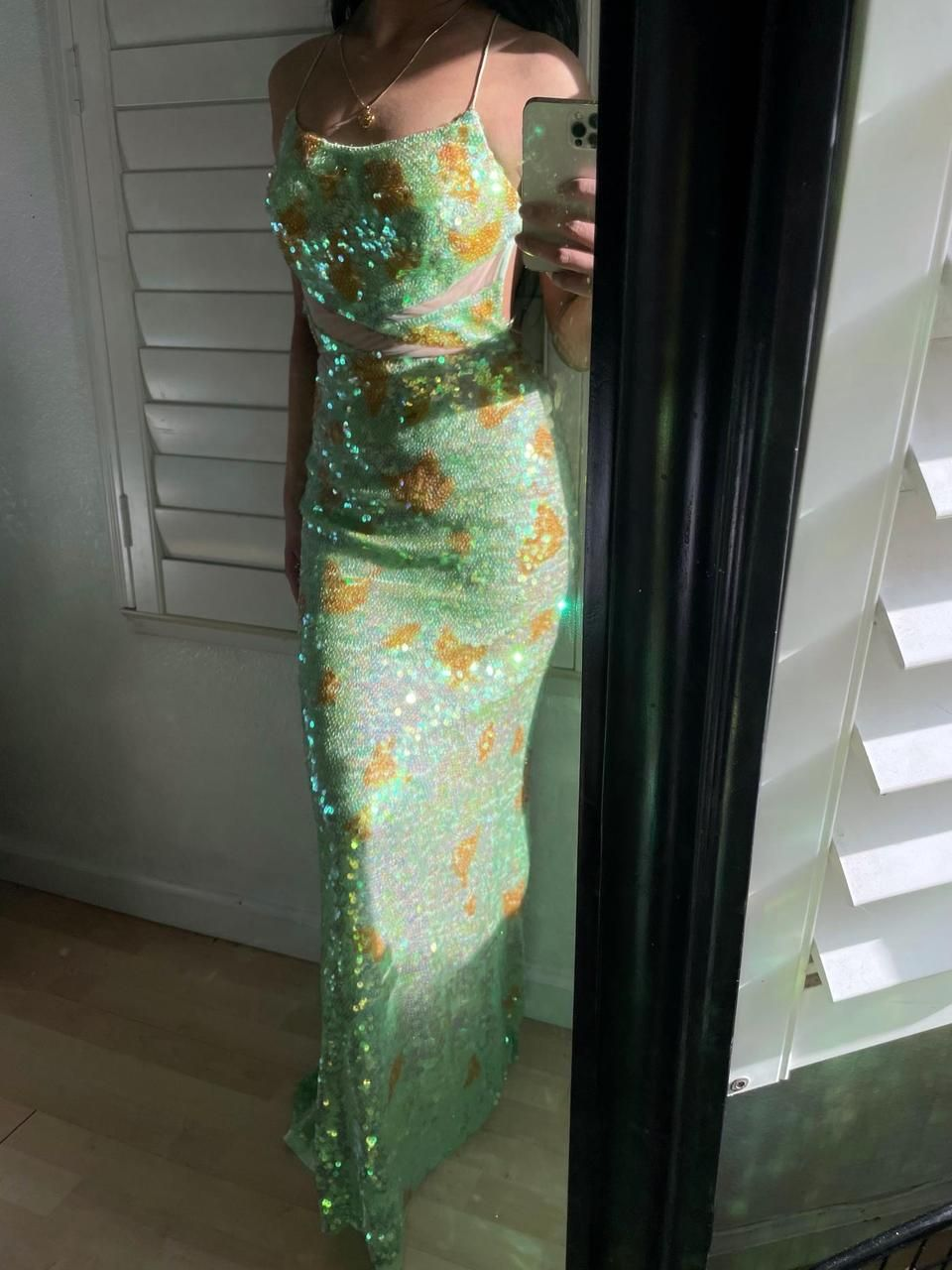 Shiny Spaghetti Straps Mint Green Sequin Mermaid Evening Gown Long Party Dress