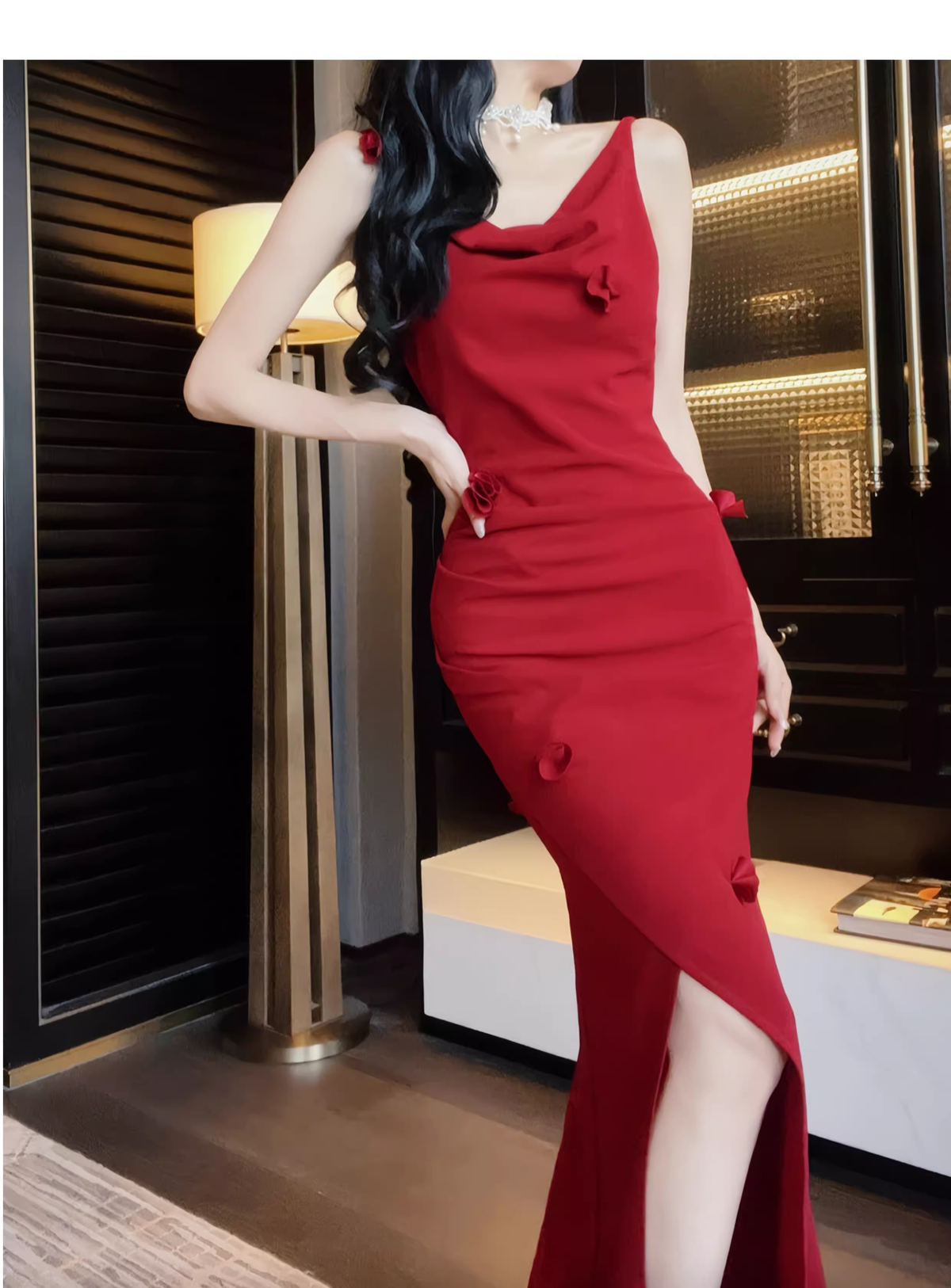 Sexy Red Satin Pleated Slit Mermaid Party Dress Long Wedding Guest Dress SP2001