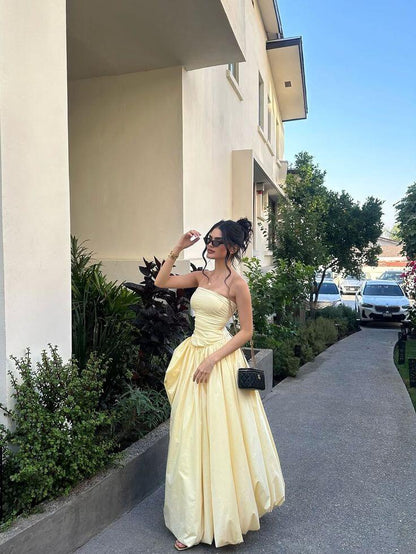 Cute Strapless Yellow Satin Pleated A Line Birthday Evening Gown Long Wedding Guest Dress SP1146