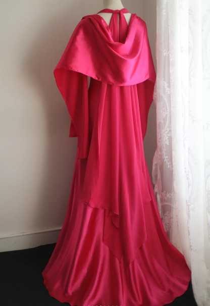 Glamorous Halter Hot Pink Satin Chiffon Mermaid Long Party Dress Formal Birthday Prom Gowns With Cape