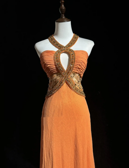 Unique Orange Halter Chiffon Beaded Mermaid Long Evening Dress Birthday Outfits SP1799
