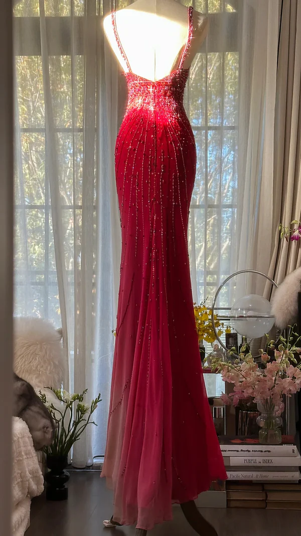 Gorgeous Spaghetti Straps Red Chiffon Beaded Mermaid Long party Dress Evening Gown