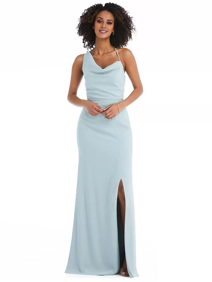 Asymmetric collar hanging neck off shoulder sleeveless side slit and floor length Prom dress