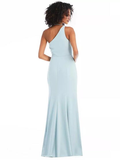 Asymmetric collar hanging neck off shoulder sleeveless side slit and floor length Prom dress