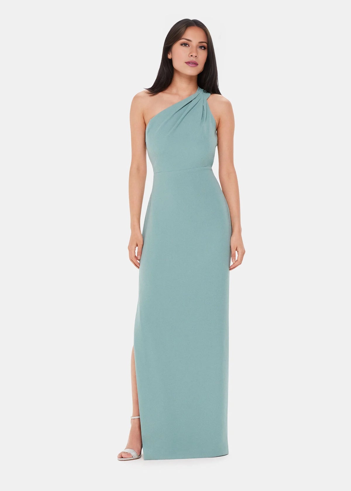 Asymmetric collar off shoulder sleeveless and floor length Prom dress