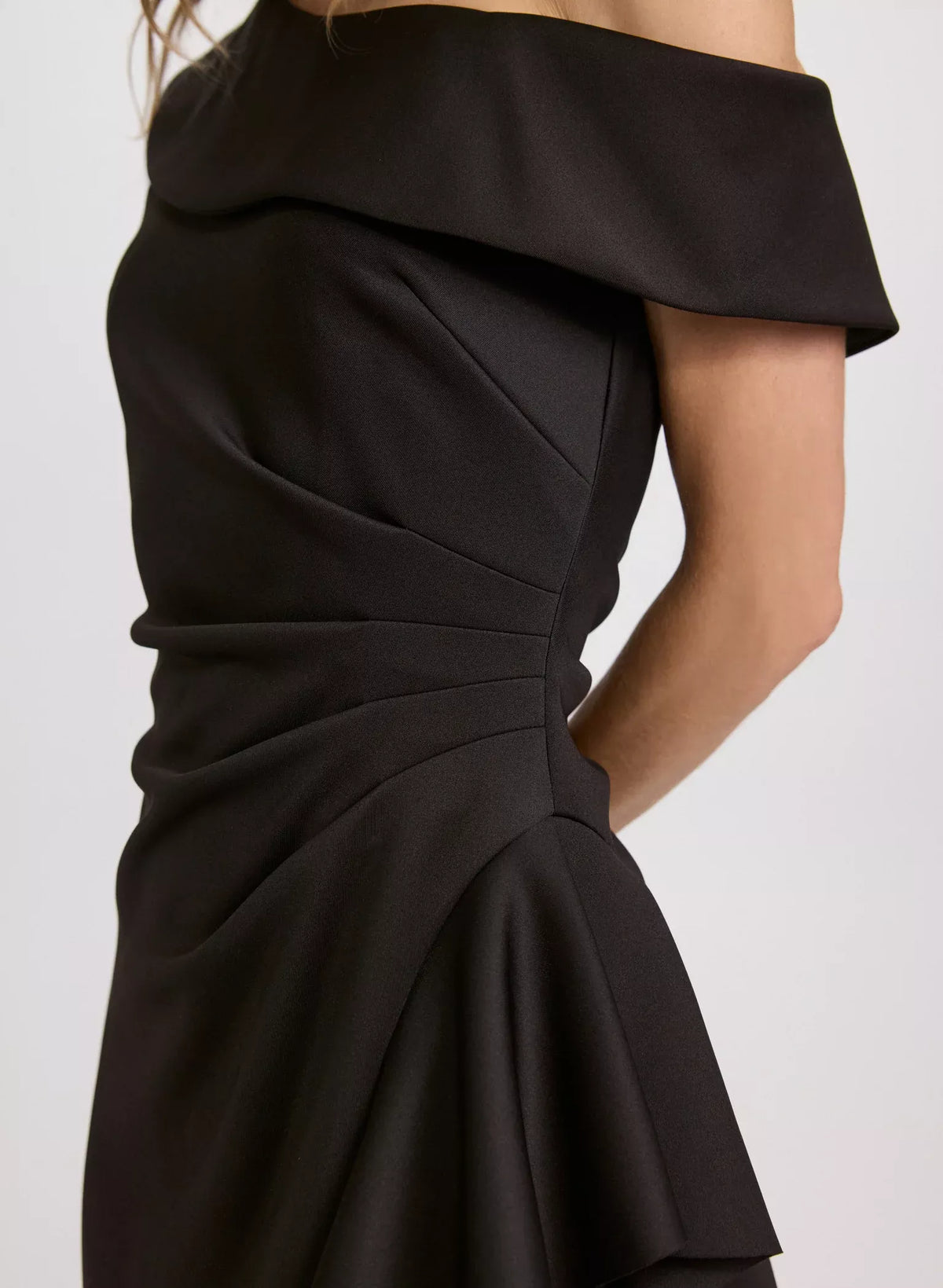 Asymmetric collar off shoulder sleeveless backless ruffled edge side slit and floor length evening dress