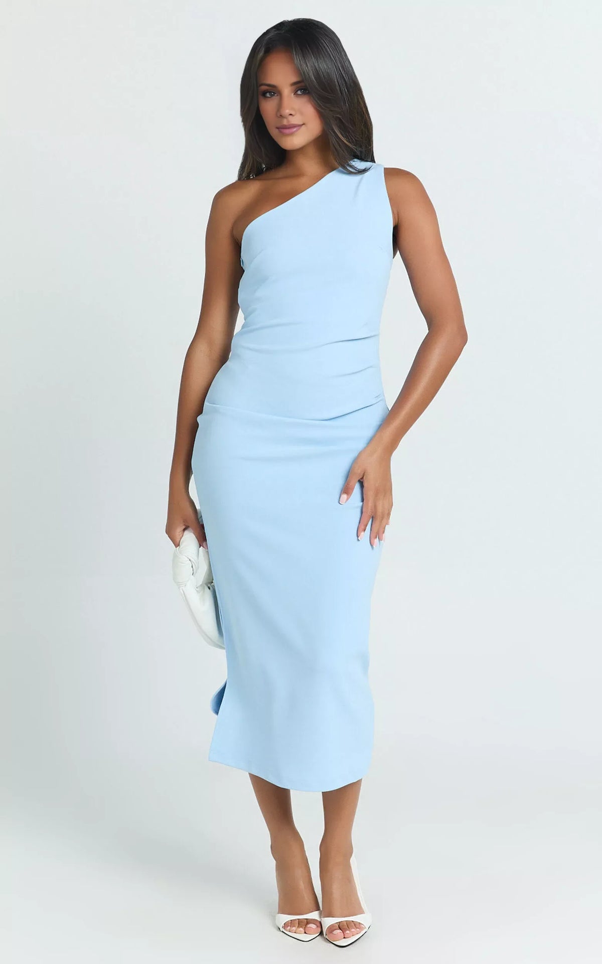 Asymmetric collar off shoulder sleeveless backless side slit and floor length Prom dress