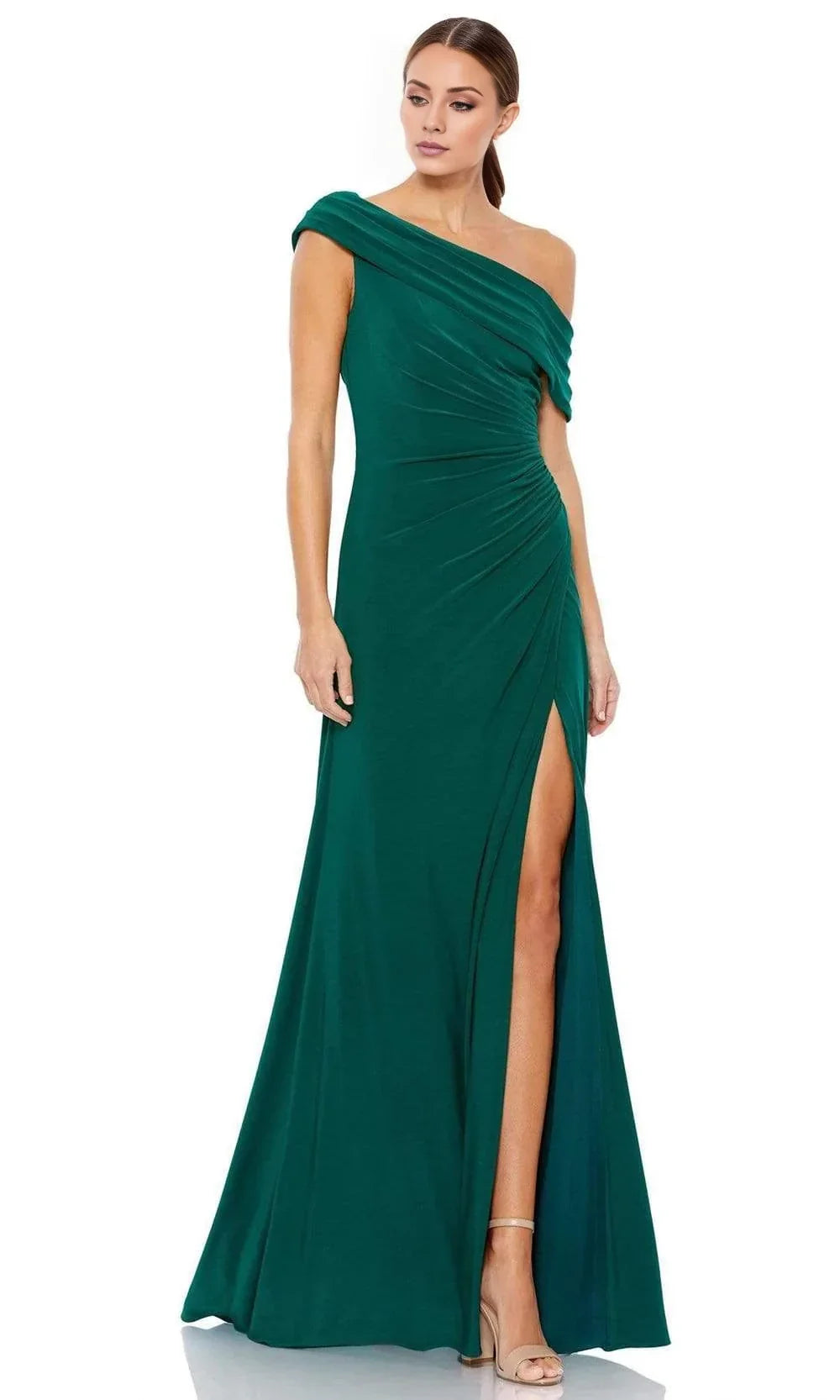Asymmetric collar off shoulder sleeveless backless side slit and floor length Prom dress