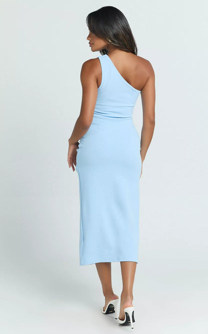 Asymmetric collar off shoulder sleeveless backless side slit and floor length Prom dress