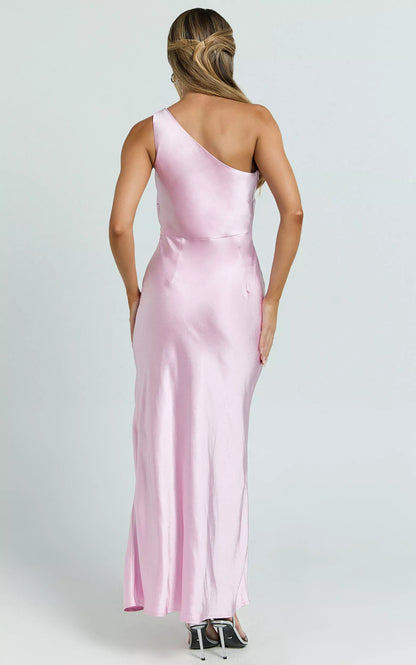 Asymmetric collar off shoulder sleeveless backless side slit and floor length Prom dress