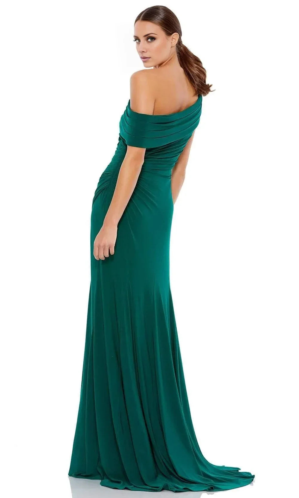Asymmetric collar off shoulder sleeveless backless side slit and floor length Prom dress