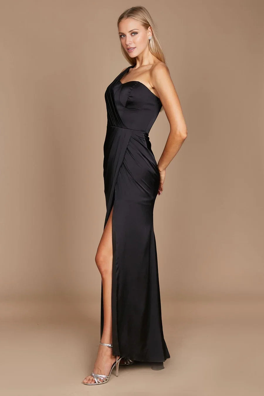 Asymmetric collar off shoulder sleeveless backless side slit and floor length Prom dress