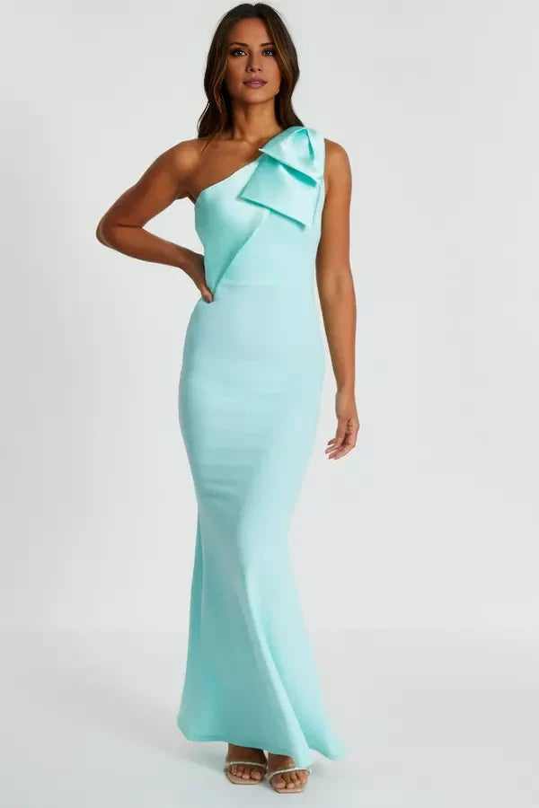 Asymmetric collar off shoulder sleeveless bow shoulder strap backless and floor length Prom dress