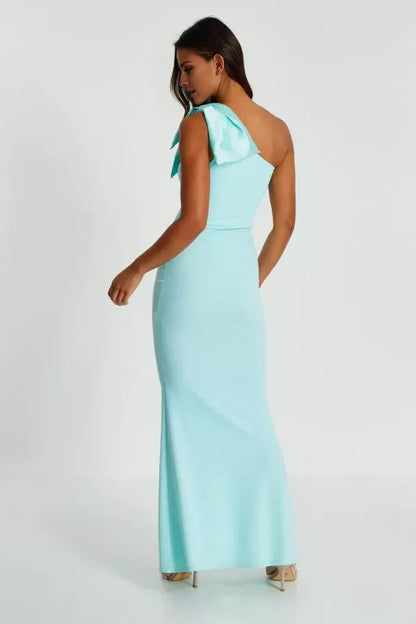 Asymmetric collar off shoulder sleeveless bow shoulder strap backless and floor length Prom dress