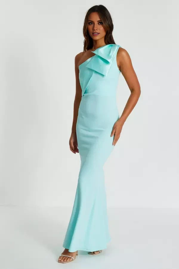 Asymmetric collar off shoulder sleeveless bow shoulder strap backless and floor length Prom dress