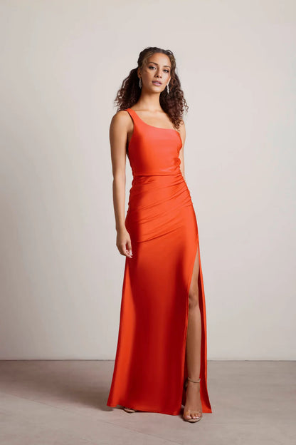 Asymmetric collar off shoulder sleeveless side slit and floor length Prom dress