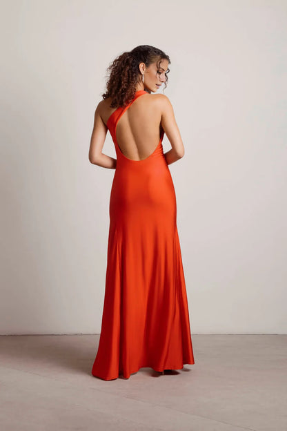 Asymmetric collar off shoulder sleeveless side slit and floor length Prom dress