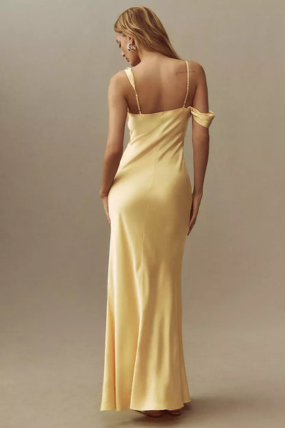 Asymmetric collar off shoulder sleeveless thin shoulder strap backless and floor length Prom dress