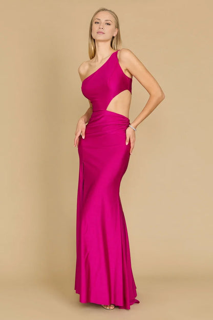 Asymmetric collar satin sleeveless backless slit and floor length Prom dress