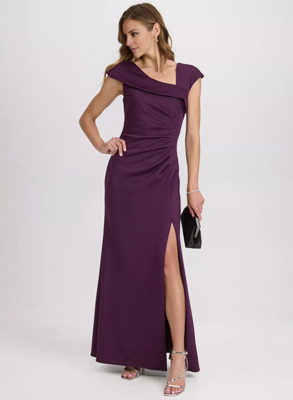 Asymmetric collar sleeveless backless side slit and floor length evening dress