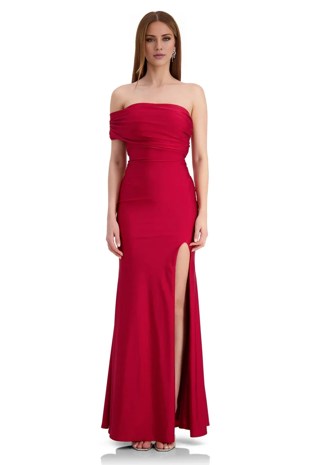Asymmetric collar sleeveless backless side slit and floor length evening dress
