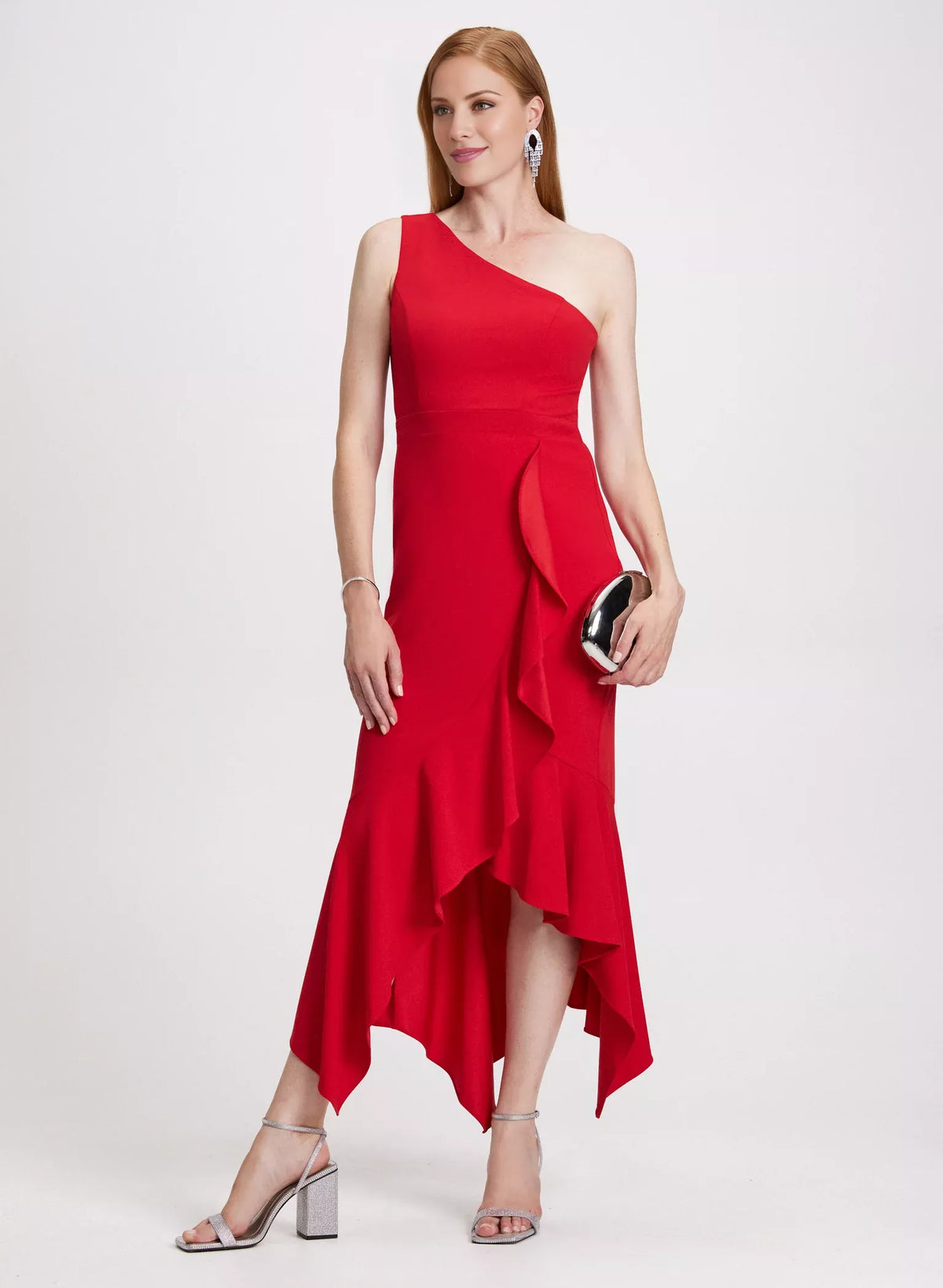 Asymmetric collar sleeveless backless side split ruffle edge and floor length evening dress
