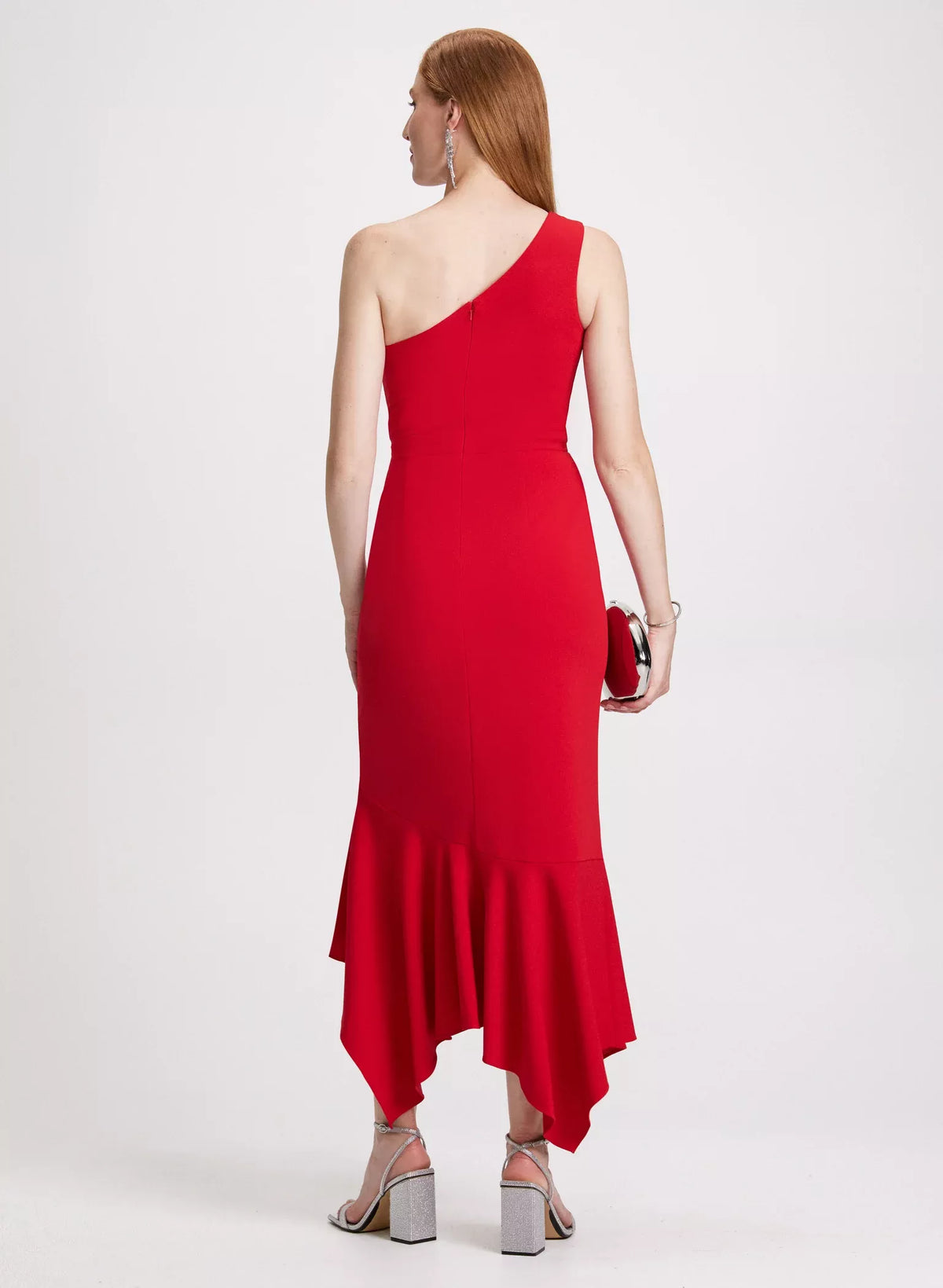 Asymmetric collar sleeveless backless side split ruffle edge and floor length evening dress