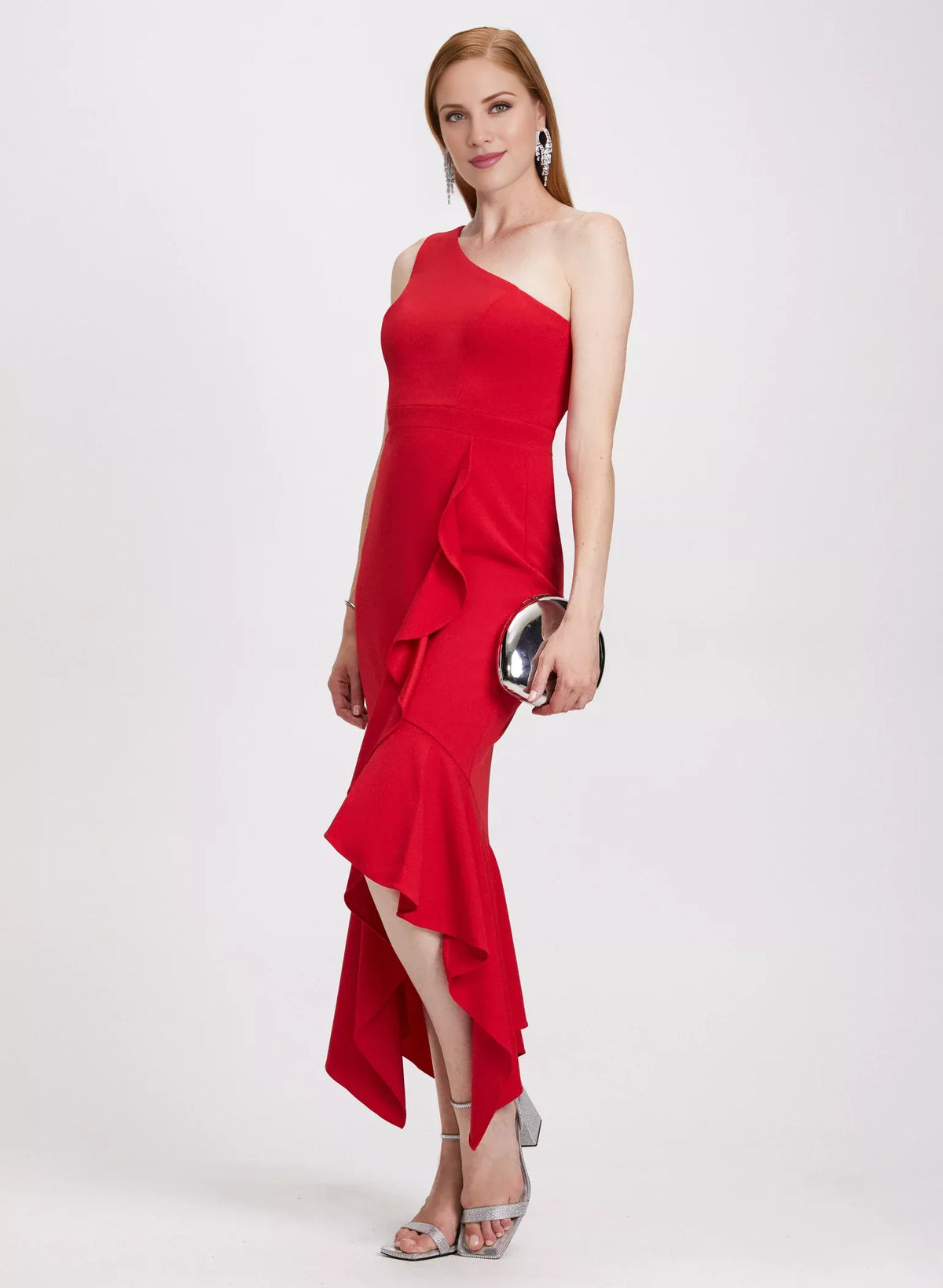 Asymmetric collar sleeveless backless side split ruffle edge and floor length evening dress