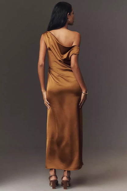 Asymmetric collar sleeveless backless slit and floor length Prom dress