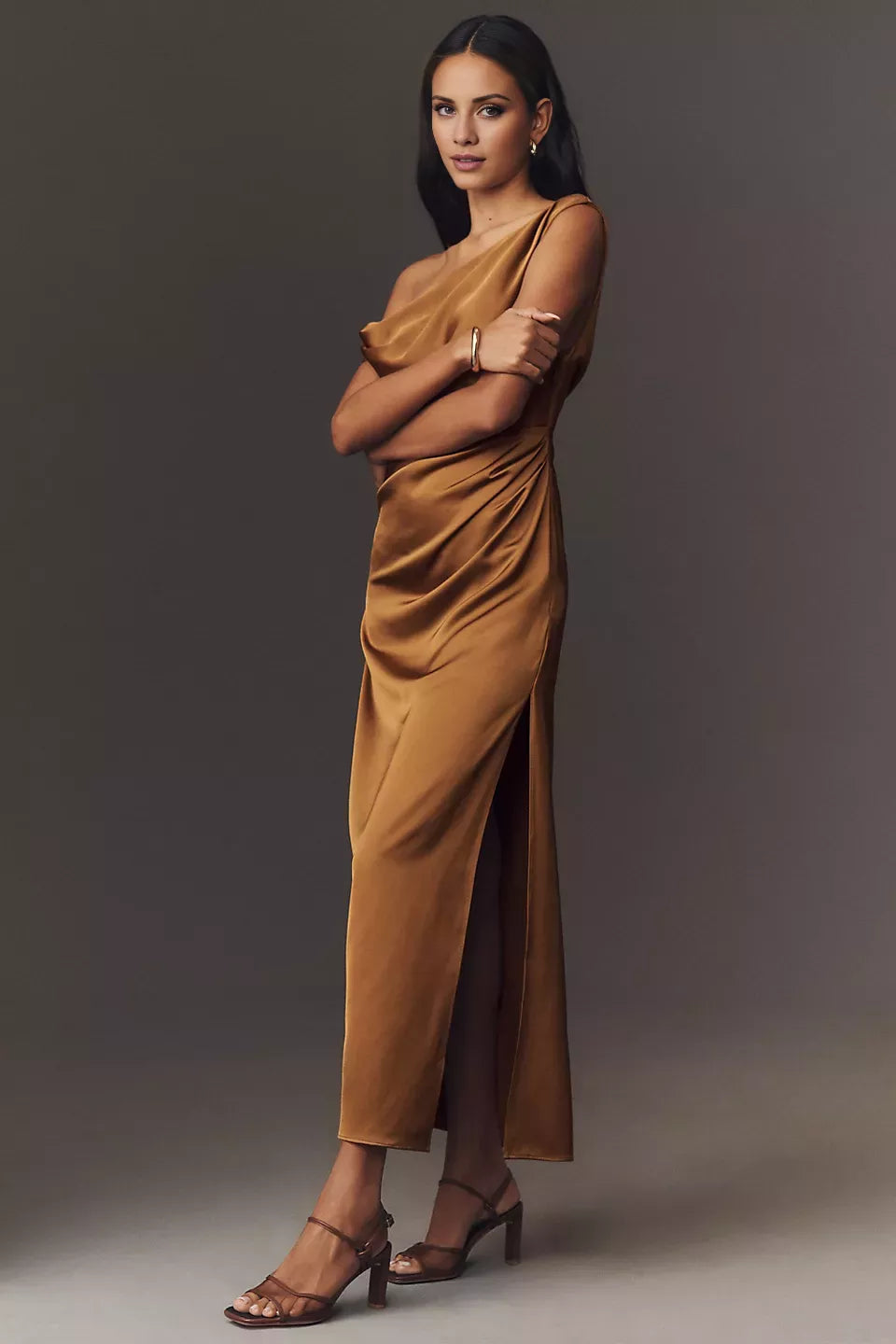 Asymmetric collar sleeveless backless slit and floor length Prom dress