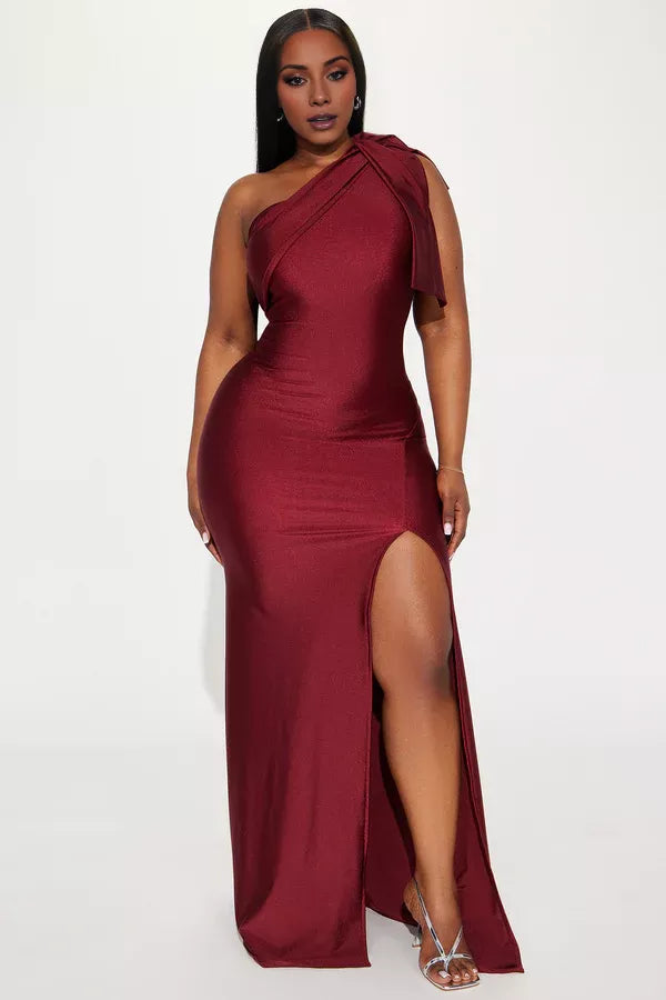 Asymmetric collar sleeveless strapless backless side slit and floor length evening dress