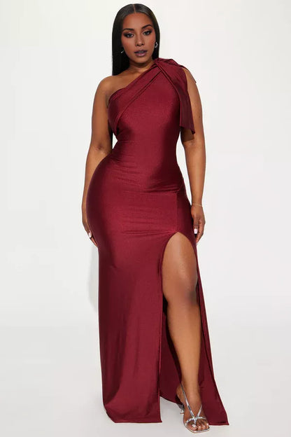 Asymmetric collar sleeveless strapless backless side slit and floor length evening dress