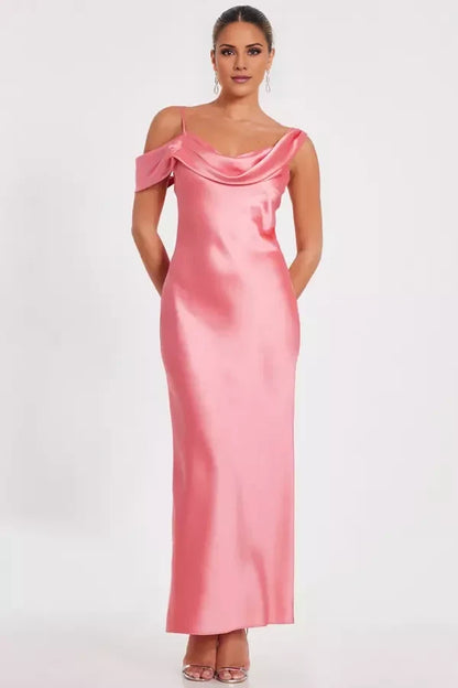 Asymmetric collar sleeveless thin shoulder straps backless and floor length Prom dress