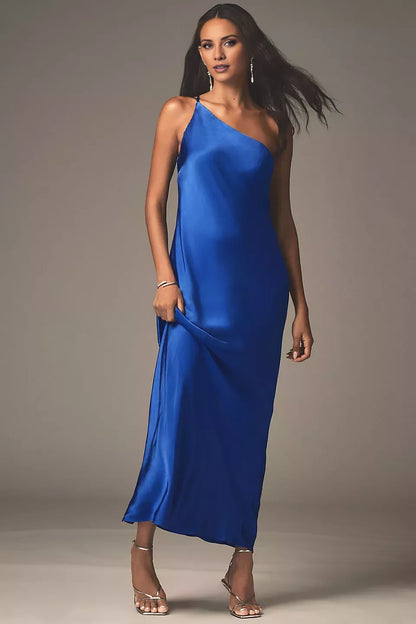 Asymmetric collar sleeveless thin shoulder straps backless and floor length Prom dress