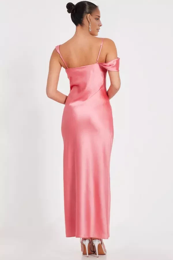 Asymmetric collar sleeveless thin shoulder straps backless and floor length Prom dress