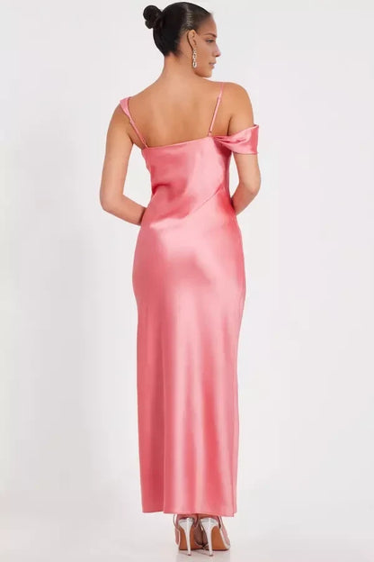 Asymmetric collar sleeveless thin shoulder straps backless and floor length Prom dress