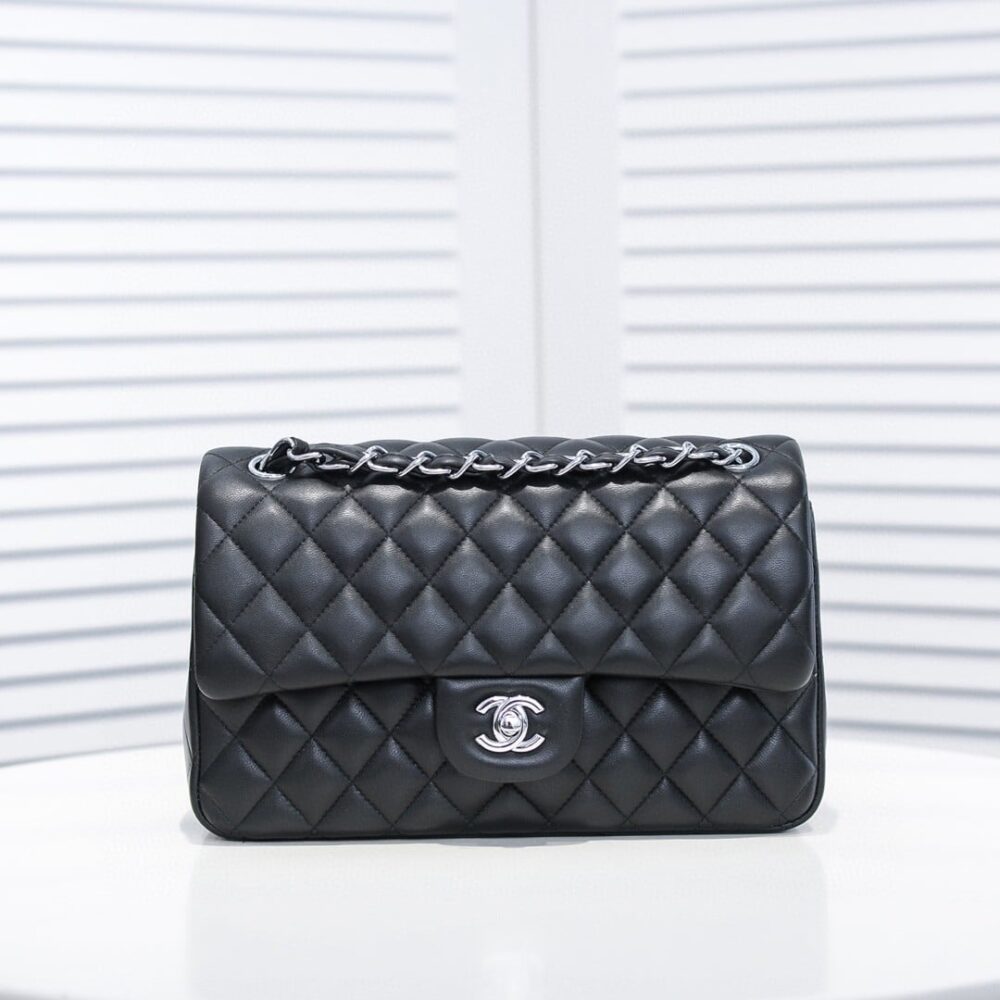 Chanel Small Classic Flap Bag Black Leather With Silver Hardware 25Cm A01113 Y01480 94305