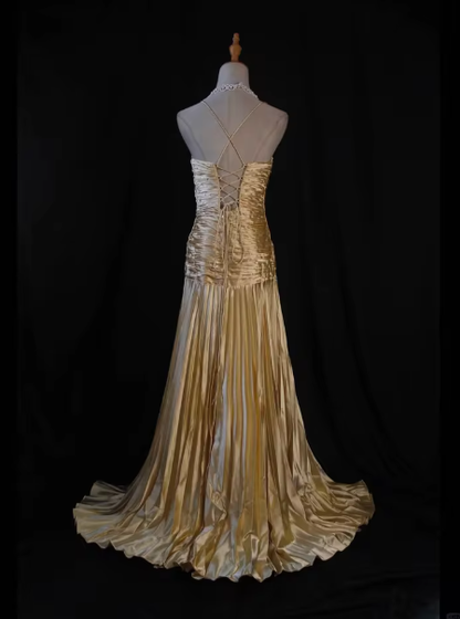 Gorgeous Gold Satin Pleated Party Prom Dress，Formal Evening Gown With Beaded cc2403