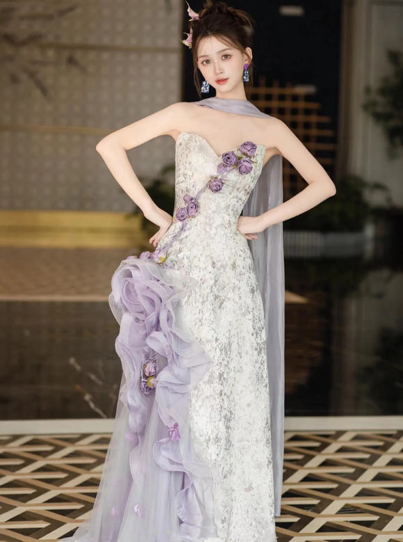 Glamorous Strapless Purple Satin Tulle Mermaid Prom Dress Evening Dress With Flowers Y8601