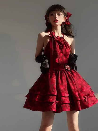 Cute Ball Gown Halter Burgundy Lace Short Cocktail Dresses Birthday Outfits