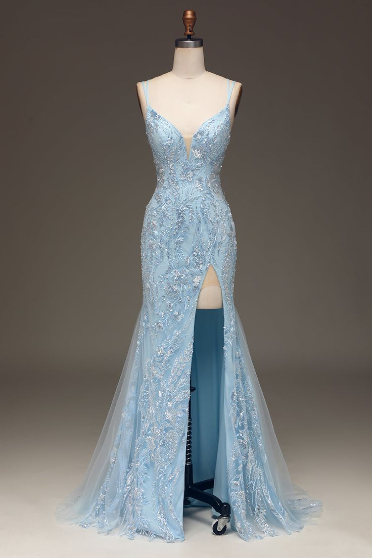 Elegant Blue Tulle Mermaid Prom Dress Evening Dress With Sequins Y6701