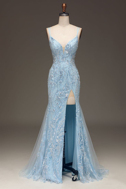 Elegant Blue Tulle Mermaid Prom Dress Evening Dress With Sequins Y6701