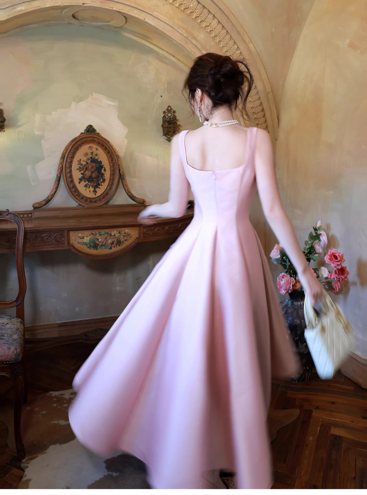Elegant Pink Sleeveless Satin A Line Long Birthday Evening Dress Formal Wedding Guest Dress SP1652