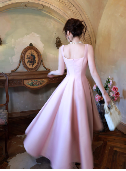 Elegant Pink Sleeveless Satin A Line Long Birthday Evening Dress Formal Wedding Guest Dress SP1652