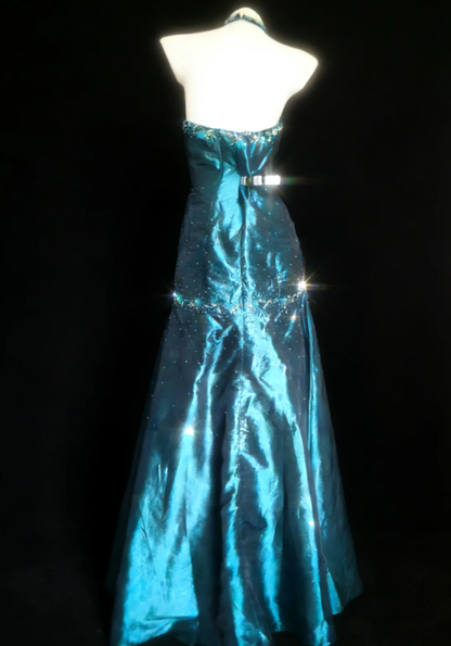 Glitter Blue Halter Satin Beaded Mermaid Long Party Dress Formal Wedding Guest Dress SP1593